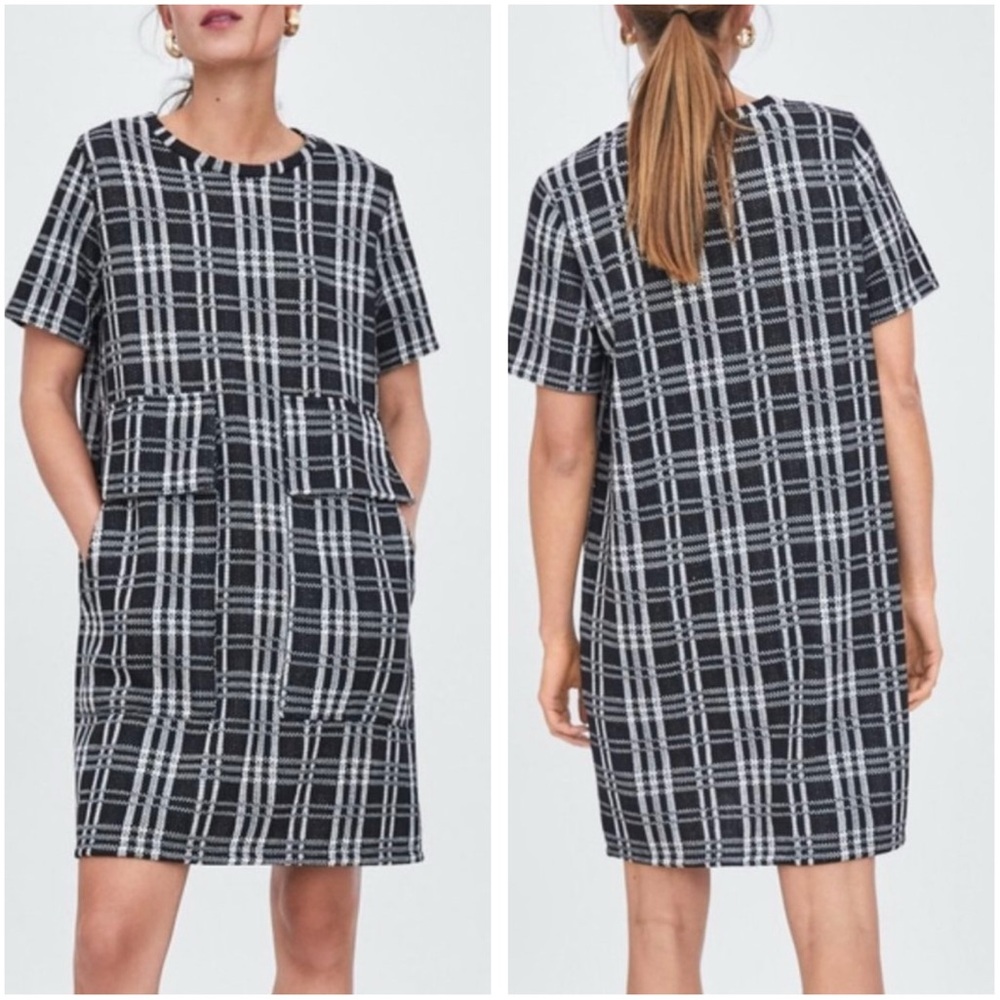 Zara Jacquard Plaid Black and White Dress